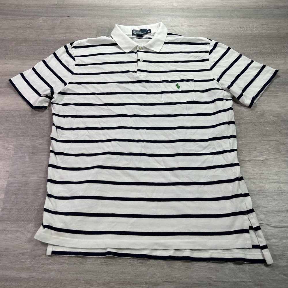 Polo Ralph Lauren Polo Shirt Mens XL White Navy Stripe Pocket Pony Logo Cotton